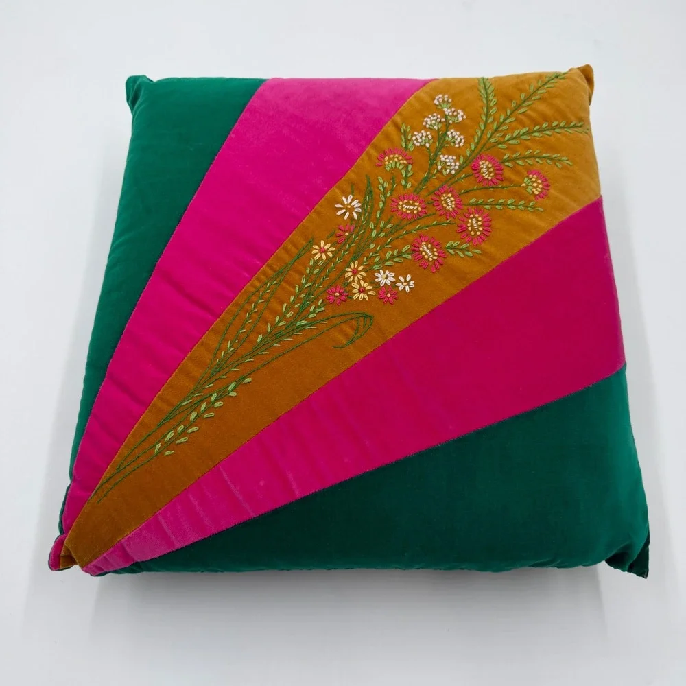 Vintage 1970s Velour Embroidered Throw Pillow Green Pink Mustard Retro 15